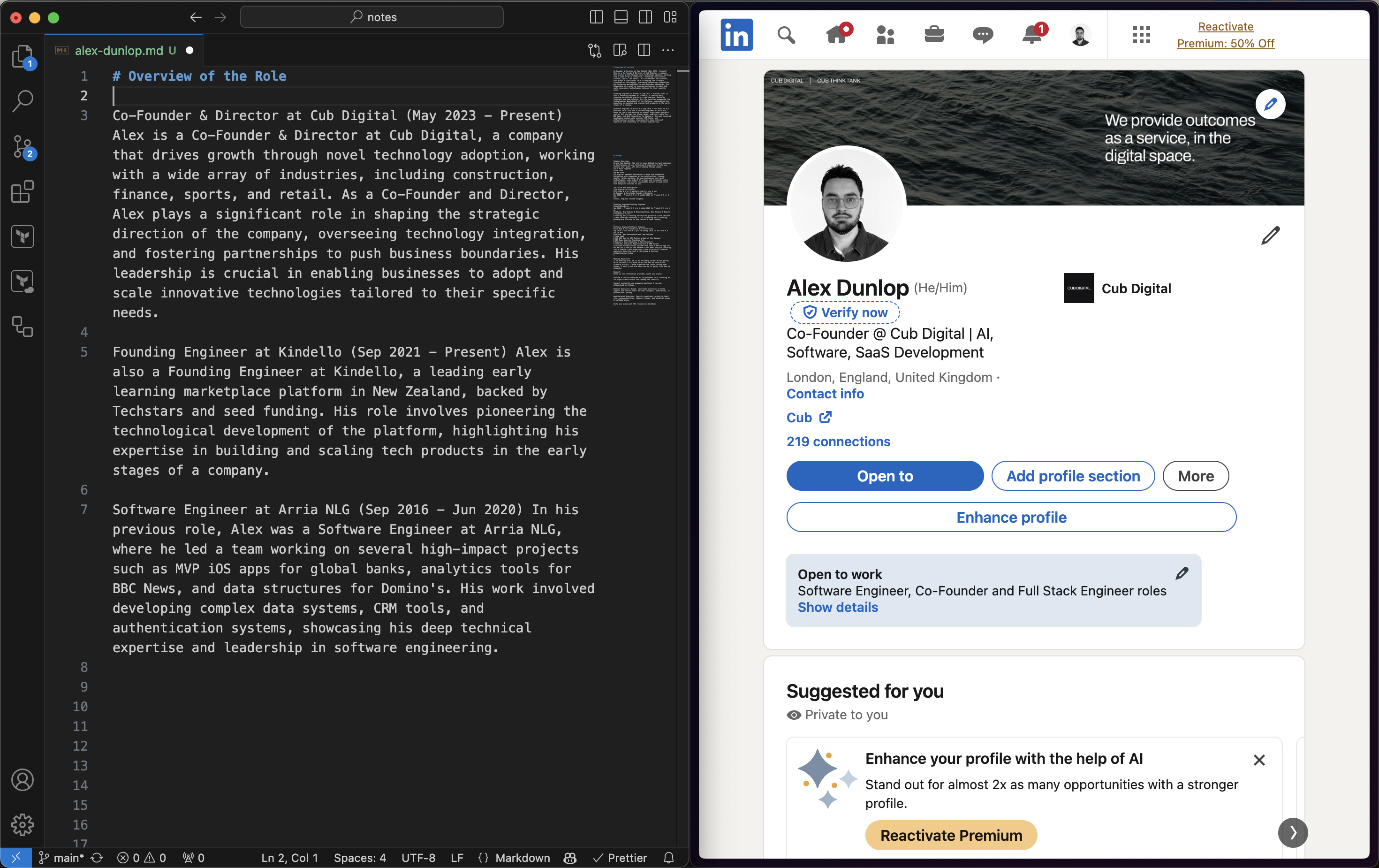 LinkedIn profile in one half & a summary in the other half